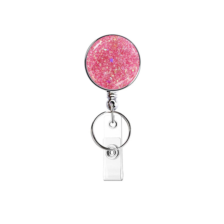 Wholesale Badge Reels UV Electroplated Resin Glitter Sequins Epoxy Badge Reel Retractable Keychain